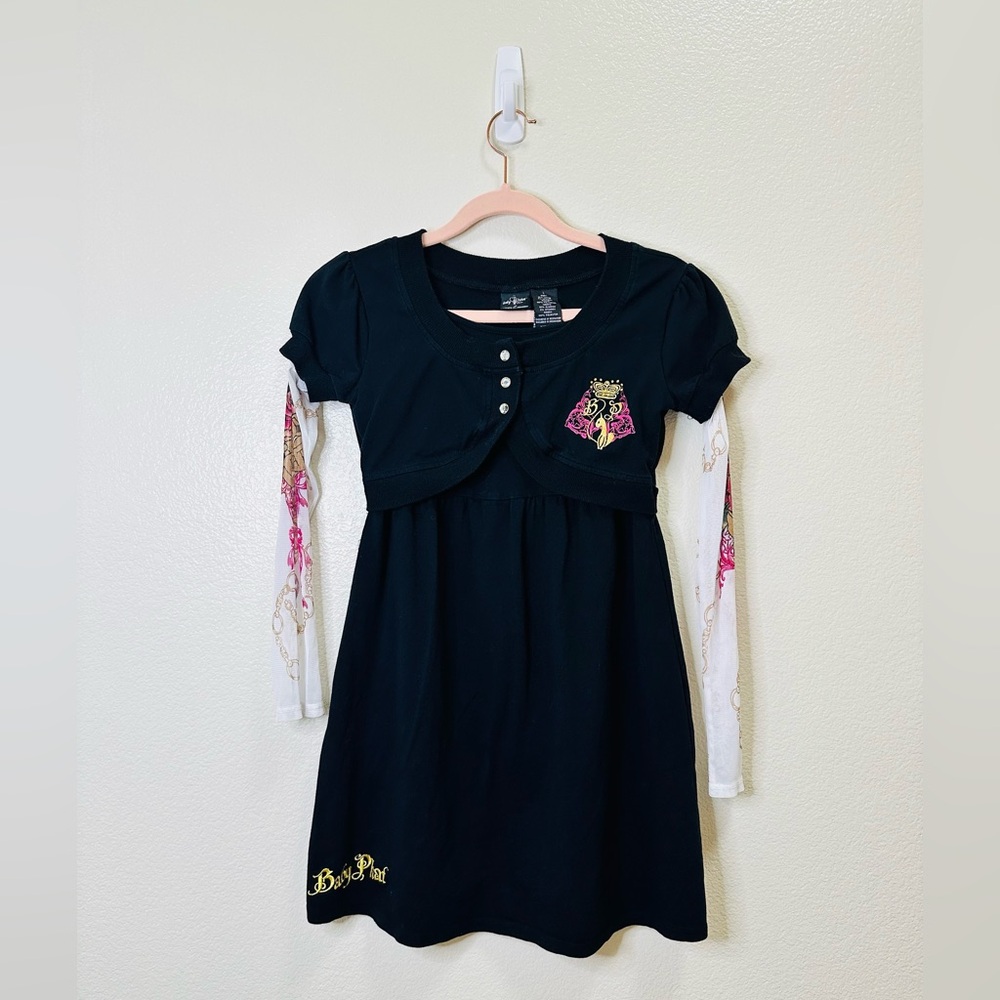 Baby Phat Girlz Large Black Babydoll Dress with Sheer Tattoo Sleeves Y2K Girls